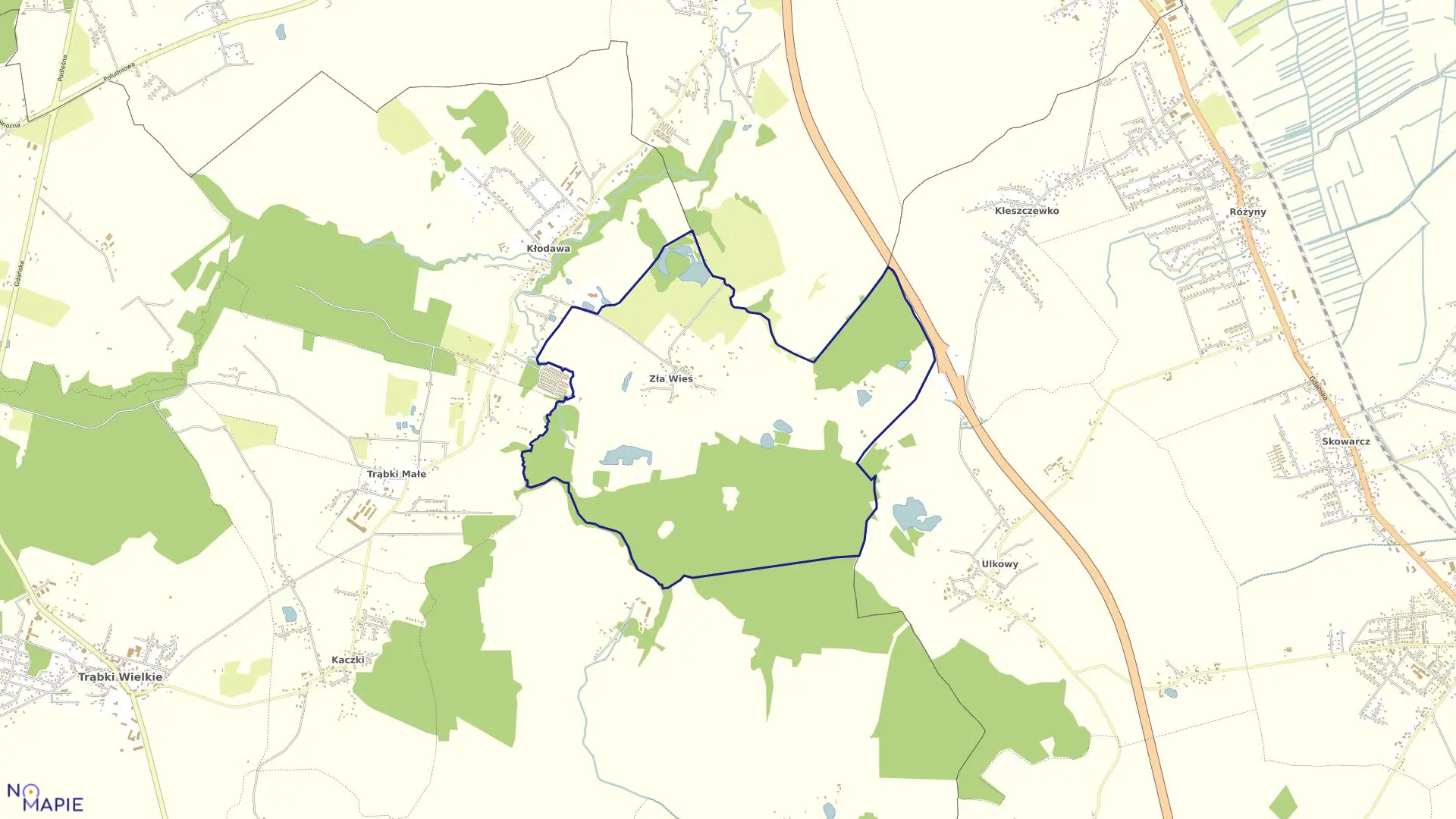 Mapa obrębu Zła Wieś w gminie Trąbki Wielkie